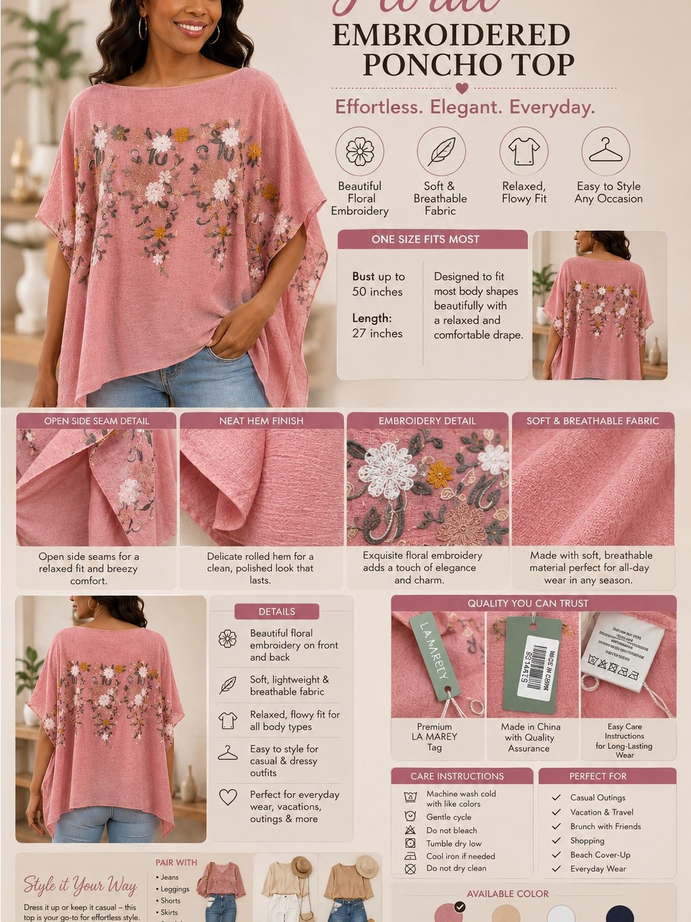 Floral Embroidered Poncho Top - Dusty Rose